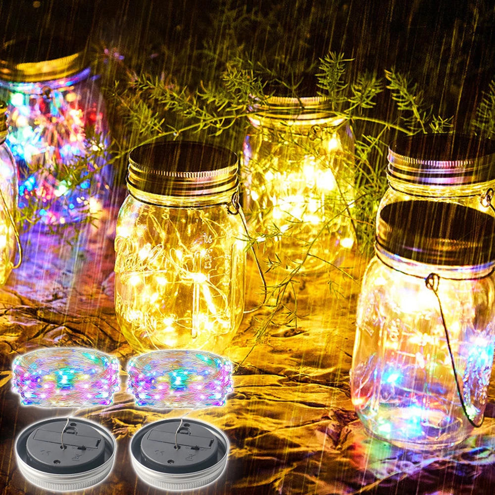 Solar-Powered Mason Jar Lid Lights - Waterproof LED Fairy String Lights for Outdoor Garden and Wedding Decor